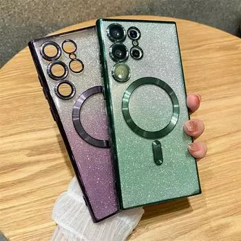 Магнитный блестящий чехол с градиентом и беспроводной зарядкой для Samsung Galaxy S23 S22 Ultra S21 S20 FE Note 20 Ultra Magsafe, чехол для iphone 15 14 13 12 11 iphone 11 чёрный