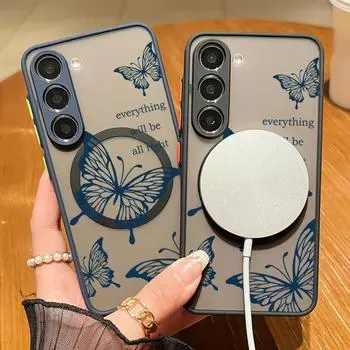Магнитный чехол Blue Butterfly для Samsung S24 S23 S22 Ultra Plus S21 S20 Fe A55 A54 A53 A52 A35 A34 A15, прозрачный матовый противоударный чехол с мягким краем Samsung S24 чёрный