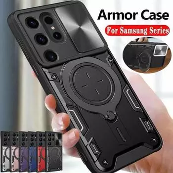 Магнитный чехол-держатель для защиты объектива с кольцом для Samsung S24 S23 S22 S21 Ultra Plus S23 FE A15 A14 A13 A34 A54 A53 A52/iPhone 15 14 13 12 11Pro Max iPhone 7/8/SE 2020 чёрный