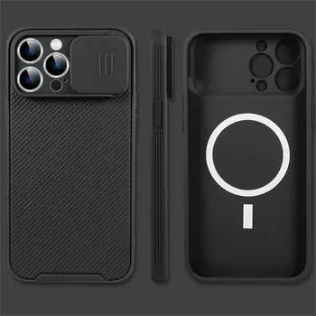 Магнитный чехол для Apple iPhone 15, 14, 13, 12/13, 12 Pro/11, 12Pro Max, чехол Camshield, защитный чехол для камеры, подходит для зарядки Magsafe iPhone 15 Pro Max чёрный