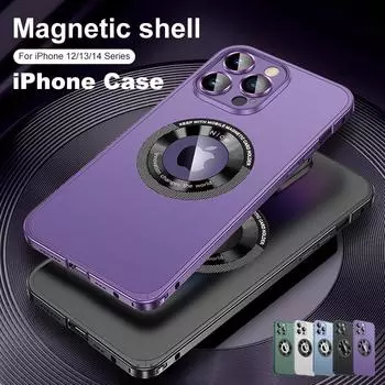 Магнитный чехол для беспроводной зарядки для iPhone 14 Plus 13 Pro MAX 12, металлический бампер, адсорбционная матовая защита для камеры, алюминиевый чехол For iPhone 12 чёрный