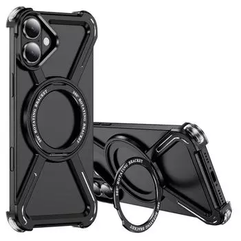 Магнитный чехол для iPhone 16 Plus с вращающейся подставкой, металлическим бампером, чехол для телефона Black