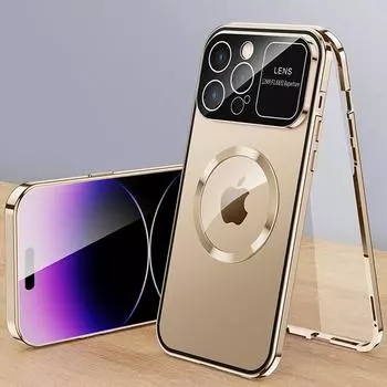 Для Magsafe Магнитный беспроводной зарядный чехол для телефона iPhone 16 15 14 Plus 13 12 Pro Max Большое окно для обзора объектива камеры Алюминиевая металлическая крышка For iPhone 14 чёрный