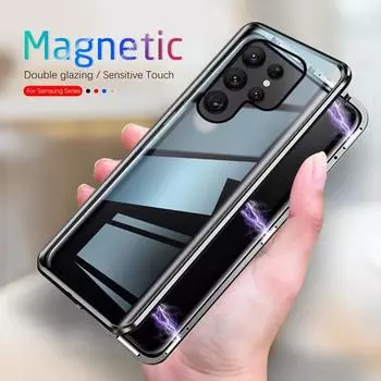 Магнитный чехол для телефона на 360° для Samsung Galaxy S24 S23 S22 Ultra S20 FE A14 A24 A34 A54 A13 A23 A33 A53 A52, защитная оболочка из закаленного стекла с полным покрытием iphone 7 8 синий