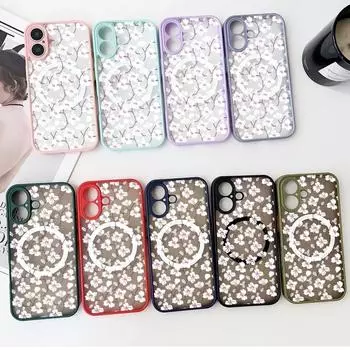 Магнитный чехол для телефона с белым цветочным узором для iPhone 16 Pro 15 14 Plus 13 12 Pro Max 11, ударопрочный, прозрачный, с мягкими краями, акриловый, жесткий, защитный чехол для линз iPhone 16 чёрный