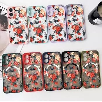 Магнитный чехол для телефона с цветным узором Rose для iPhone 16 Pro 15 14 Plus 13 12 Pro Max 11, ударопрочный, прозрачный, с мягкими краями, акриловый, жесткий, защитный чехол для линз iPhone 16 чёрный