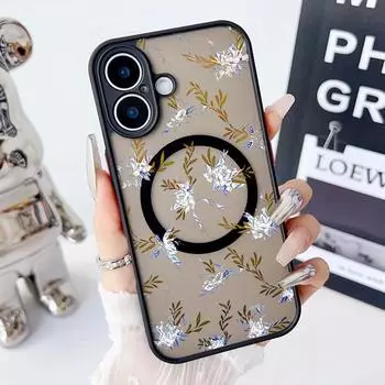 Магнитный чехол для телефона с цветочным узором для iPhone 16 Pro 15 14 Plus 13 12 Pro Max 11, ударопрочный, прозрачный, с мягкими краями, акриловый, жесткий, защитный чехол для линз iPhone 16 чёрный