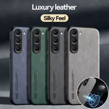 Магнитный чехол для телефона с металлической пластиной для Samsung S23 Ultra S22 Plus, кожаный чехол для телефона с ощущением кожи для Galaxy S21FE S23 S22 S20 Plus Note 20 Ultra Case For Samsung S22 Plus чёрный