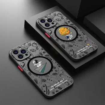 Магнитный чехол для телефона с рисунком астронавта из серии для iPhone 15 14 Pro Max 13 12 Mini Samsung S24 S23 S22 Ультра противоударный чехол для беспроводной зарядки iPhone 14 чёрный