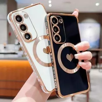 Магнитный чехол для телефона с сердечком Love Heart для Samsung Galaxy S24 S23 S22 S21 Ultra Plus S20 FE, противоударный, для задней крышки Magsafe For Samsung S24 белый