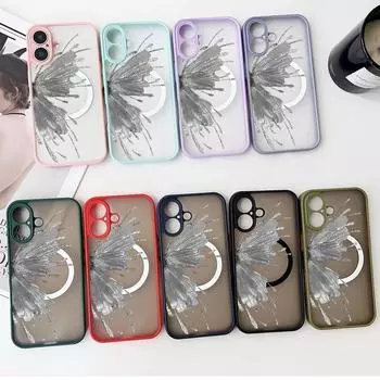 Магнитный чехол для телефона с серым позолоченным узором в виде бабочки для iPhone 16 Pro 15 14 Plus 13 12 Pro Max 11, ударопрочный, прозрачный, с мягкими краями, акриловый, твердый чехол iPhone 16 чёрный