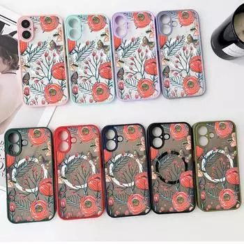 Магнитный чехол для телефона с узором «Роза» для iPhone 16 Pro 15 14 Plus 13 12 Pro Max 11, ударопрочный, прозрачный, с мягкими краями, акриловый, жесткий, защитный чехол для линз iPhone 16 чёрный