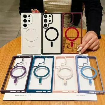 Магнитный чехол для телефона Samsung Galaxy S25 S24 Plus S24 Ultra S23 Ultra S22 для беспроводной зарядки Magsafe Акриловый чехол-бампер Galaxy S24 чёрный