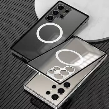 Для Samsung S25 S24 Ultra S23 Магнитный чехол для телефона Противоударный алюминиевый каркас Матовый гибридный чехол Samsung S24 чёрный