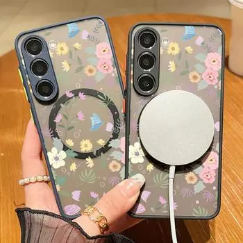 Магнитный чехол Fresh Flower для Samsung S24 S23 S22 Ultra Plus S21 S20 Fe A55 A54 A53 A52 A35 A34 A15, прозрачный матовый, ударопрочный, мягкий, тонкий чехол Samsung S24 чёрный