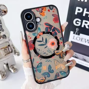 Магнитный чехол Hollow Butterfly Flowers для iPhone 16 Pro 15 14 Plus 13 12 Pro Max 11, ударопрочный, прозрачный, с мягкими краями, акриловый, жесткий, защитный чехол для линз iPhone 16 чёрный