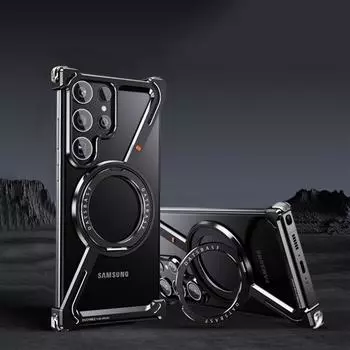 Магнитный чехол из алюминиевого сплава без оправы для Samsung S25 Ultra S24 Plus с вращающейся на 360 ° металлической подставкой для Magsafe Buffer Hard Cover Samsung S24 чёрный