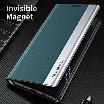 Магнитный чехол-книжка для Samsung S25 S24 S23 S22, кожаный чехол-книжка для Xiaomi 14 13 Redmi Note 12 11S 10S, противоударный чехол iPhone 7/8 чёрный