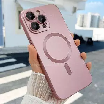 Магнитный чехол Magsafe с беспроводной зарядкой для iPhone 15 14 13 12 11 Pro Max Plus X XS XR 7 8Plus, мягкий чехол с полной защитой объектива For iPhone 15 ProMax розовый