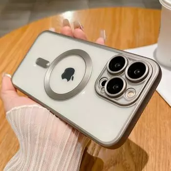 Магнитный чехол Magsafe с матовым покрытием для телефона с беспроводной зарядкой для IPhone 15 14 13 12 11 Pro Max, мягкий ТПУ, защита объектива, прозрачная задняя крышка for iphone11ProMax65 серебряный