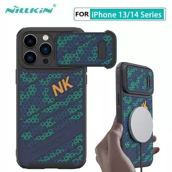 Магнитный чехол Nillkin для iPhone 14 13 Pro Max Striker S, дизайн торсионной пружины, защитная задняя крышка объектива для iPhone 14 Plus iPhone 14 Plus синий