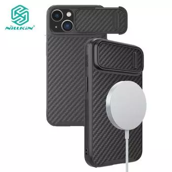 Магнитный чехол Nillkin Synthetic Fiber S для iPhone 14 Plus, чехол для телефона, пружинная выдвижная крышка для камеры, ультратонкий противоударный защитный чехол в деловом стиле iPhone 14 Plus чёрный