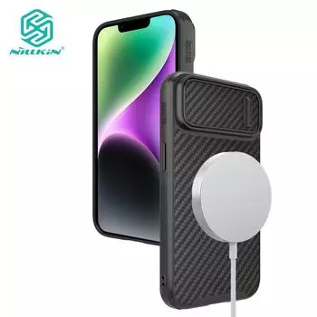 Магнитный чехол Nillkin Synthetic Fiber S для iPhone 14, чехол для телефона, пружинный слайдер для камеры, ультратонкий противоударный защитный чехол в деловом стиле iPhone 14 чёрный