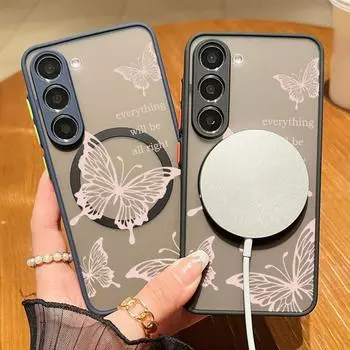 Магнитный чехол Pink Butterfly для Samsung S24 S23 S22 Ultra Plus S21 S20 Fe A55 A54 A53 A52 A35 A34 A15, прозрачный матовый, ударопрочный, мягкий, тонкий чехол Samsung S24 чёрный