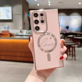 Магнитный чехол с цветным покрытием Love Pattern для Samsung Galaxy S24 S23 + S22 Ultra S21 Plus iPhone 15 14 11, противоударный чехол с зарядкой «все включено» Samsung S23 Ultra темно-фиолетового