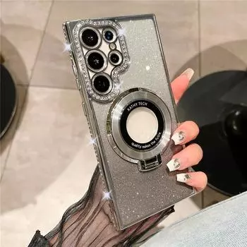 Магнитный чехол с градиентным блестящим алмазным держателем и подставкой для Samsung S24 S23 Ultra S22 Plus/iphone 15 14 13 12 11 Pro Max Защитный чехол Magsafe Samsung s23 чёрный