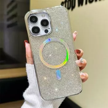 Магнитный чехол с лазерным блеском и стразами Magsafe для iPhone 15 11 12 13 14 Pro Max Plus, чехол для зарядки iPhone 12ProMax
