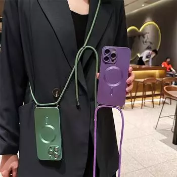Магнитный чехол с ремешком через плечо для iPhone 15 14 13 11 12 Pro Max Plus XS X XR 7 8 Plus/Samsung S24 S23 S22 Ultra Magsafe, силиконовый мягкий чехол For iphone 14Pro Max розовый