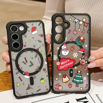 Магнитный чехол с рисунком елки, лося и снеговика для Samsung S24 Ultra S23 Plus S22 для Magsafe, прозрачный матовый противоударный чехол с мягким краем Samsung S24