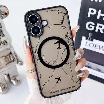 Магнитный чехол с рисунком самолета для iPhone 16 Pro 15 14 Plus 13 12 Pro Max 11, ударопрочный, прозрачный, с мягкими краями, акриловый, жесткий, защитный чехол для линз iPhone 16 чёрный