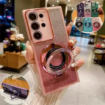 Магнитный держатель блестящий силиконовый чехол для Samsung S24 S23 S22 S21 Ultra Plus FE A53 A14 A54 A15 A55 iPhone 16 15 14 13 12 11 Pro Max Plus XSMAX XR 8 7 iPhone X/XS темно-зеленого