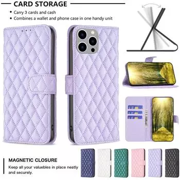 Магнитный флип-кошелек из ромбовидной кожи с отделениями для карт для Samsung S23 S22 S21 S20 Ultra Plus A13 A53 A14 A15/iPhone 15 14 Plus 13 12 11 Pro Max XS MAX iPhone 7/8/SE 2020 белый