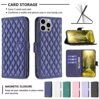 Магнитный флип-кошелек из ромбовидной кожи с отделениями для карт для Samsung S23 S22 S21 S20 Ultra Plus A13 A53 A14 A15/iPhone 15 14 Plus 13 12 11 Pro Max XS MAX iPhone 7/8/SE 2020 белый