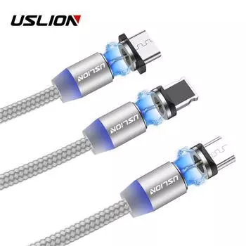 Магнитный кабель 3 в 1 1 м для iPhone X Samsung с нейлоновой оплеткой для освещения, магнитный кабель Micro USB Type C Type-C Plug + Cable чёрный