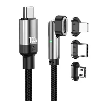 Магнитный кабель для зарядки - черный оплетенный нейлоновый кабель USB-C для быстрой зарядки и передачи данных, 100 Вт, 5 А (Micro USB, USB-C, Совместимость с телефоном) 2м, черный