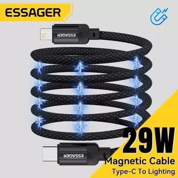 Магнитный кабель Essager 29 Вт, USB C to Lightning 3A, магнитный зарядный шнур для быстрой зарядки, не спутывающийся, для Airpod iPhone 14 13 12 pro 1m чёрный