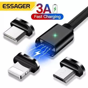 Магнитный кабель Essager Micro USB для IPhone 14 Xiaomi Mi, провод для быстрой зарядки данных, магнитное зарядное устройство, USB Type C, телефонный кабель 3 м 1m iOS красный