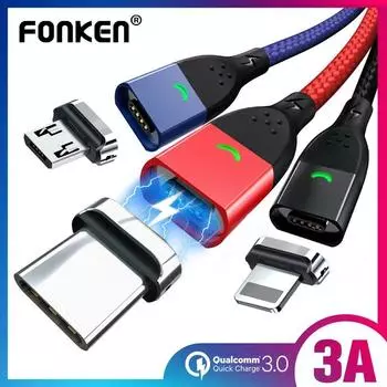 Магнитный кабель FONKEN Micro USB 3A, магнитный шнур для быстрой зарядки Android для Huawei Samsung LG Xiaomi 1M Cable No Plug чёрный