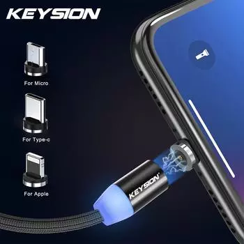 Магнитный кабель KEYSION, 1 м, Micro USB Type-C, телефонный кабель Apple Lightning, светодиодный зарядный нейлоновый провод Type-C