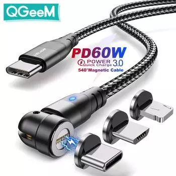 Магнитный кабель PD 60 Вт, светодиодный кабель для быстрой зарядки типа C к типу C для iPhone 12, 11, Xiaomi Redmi Note 10s, провод для зарядного устройства для передачи данных Micro -1M чёрный