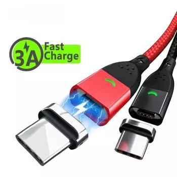 Магнитный кабель USB-C Шнур для передачи данных Быстрое зарядное устройство Тип-C Провод для быстрой зарядки мобильного телефона QC3.0 3A 1M чёрный