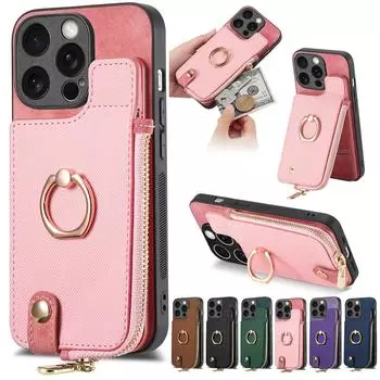 Магнитный кошелек с отделением для карт с откидным кольцом-держателем на молнии кожаный чехол для iPhone 15 14Plus 13 12 11Pro Max для Samsung S23 S22 S21 S20 Ultra Plus A14 A54 A53 iPhone 6/6S чёрный