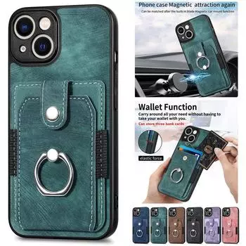 Магнитный кожаный чехол для телефона для iPhone 14 Plus 13 Mini 12 11 SE 2022 X XR XS Max 8 7 6 6S, чехол-кошелек с подставкой и кольцом для Samsung XiaoMi RedMi iPhone 6 6S чёрный