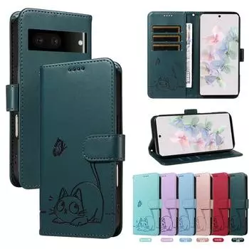 Магнитный кожаный чехол-кошелек для Google Pixel 7 7A 5G 8 8A 9 9A Pro XL Чехол для телефона | Милый тисненый дизайн с изображением кота и слотами для карт Pixel 7 красный