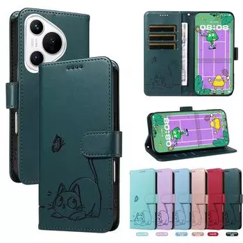 Магнитный кожаный чехол-кошелек для Huawei P8 P9 P10 P20 P30 P70 Mate 10 20 Pro Lite 2017 | Дизайн с изображением кошки-бабочки и тиснением Huawei P10 зелёный