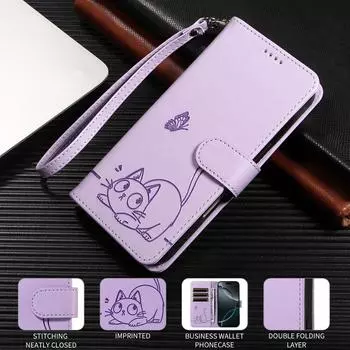 Магнитный кожаный чехол-кошелек для OPPO A54 A54S A55 A72 A73 A74 A78 A93 A94 A95 A96 4G 5G | Дизайн с изображением кошки, бабочки и тиснением OPPO A54 4G красный